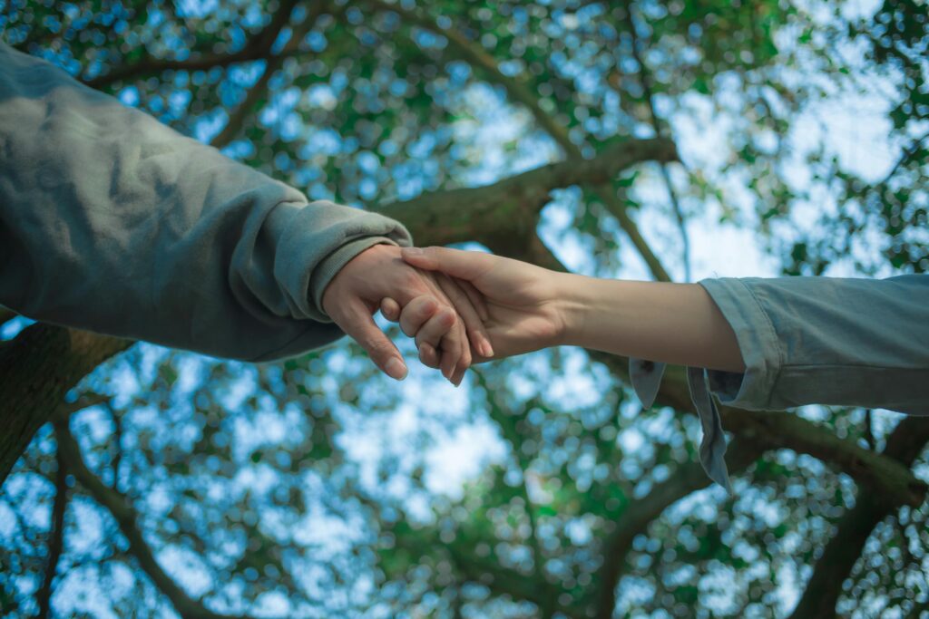 Two hands clasping under a leafy tree, symbolizing connection and support.